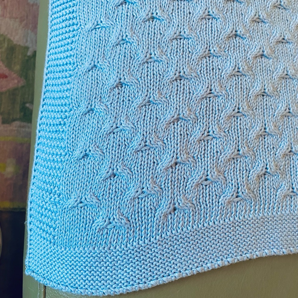Baby Blue 100% Cotton Light Weight Shawl/Baby Blanket. NWOT. Stitched Border. EC